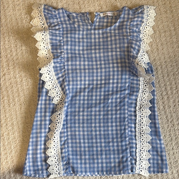 Joy Joy Tops - Blue Gingham Top with Lace Trim